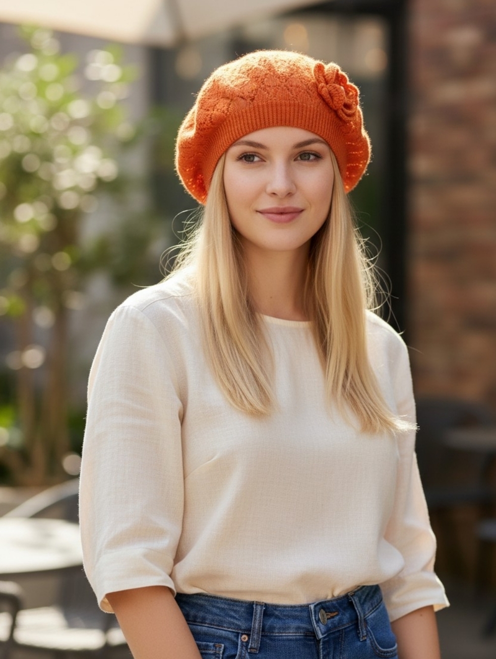 NWT Love Culture Orange Crochet Beret With Removable Crochet Flower O/S